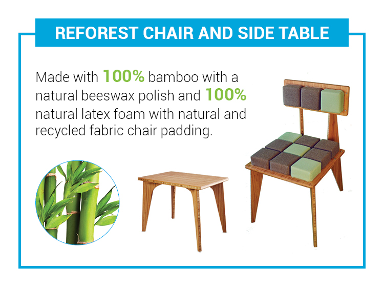 Reforest chair and side table - made of 100% bamboo with a natural beeswax polish and 100% natural latex foam with natural and recycled fabric chair padding