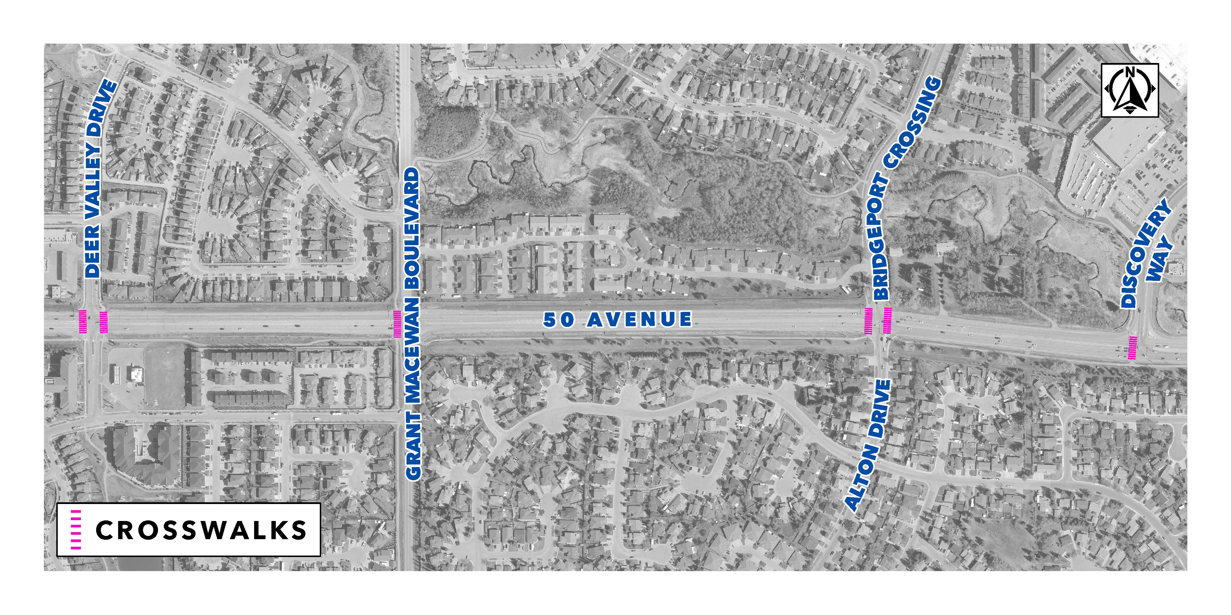 Marked crosswalks  six crosswalks along 50 Avenue from Discovery Way to Deer Valley Drive