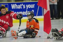 Photo of sledge hockey players at the Leduc Recreation Centre