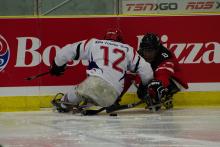 Photo of sledge hockey players at the Leduc Recreation Centre