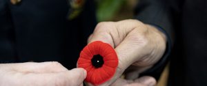Old veterans holding onto a poppy during Remembrance Day ceremony in Leduc.