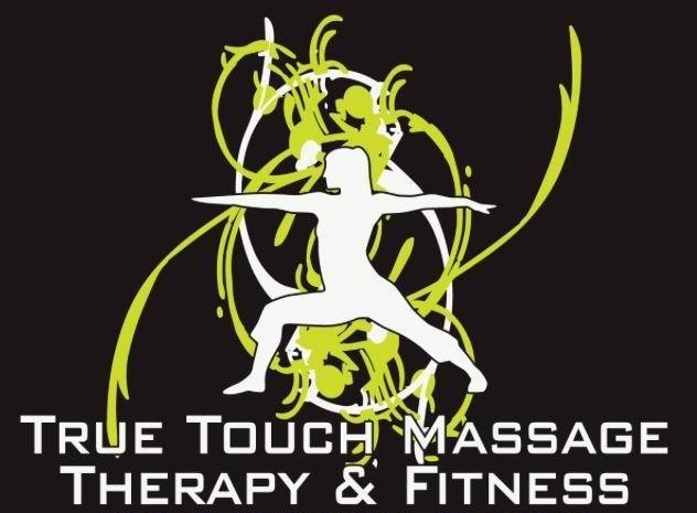 http://Logo%20of%20True%20Touch%20Massage%20Therapy%20&%20Fitness%20featuring%20a%20silhouette%20in%20a%20yoga%20pose%20with%20abstract%20green%20swirls%20on%20a%20black%20background.