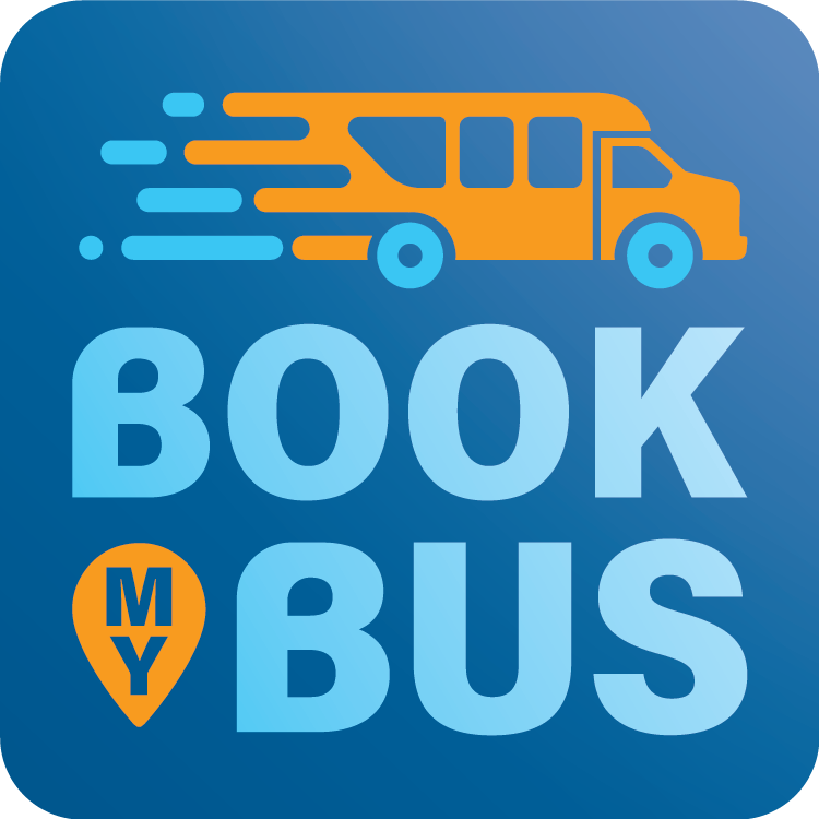Logo with an orange bus icon above blue text "BOOK MY BUS" on a blue gradient background.