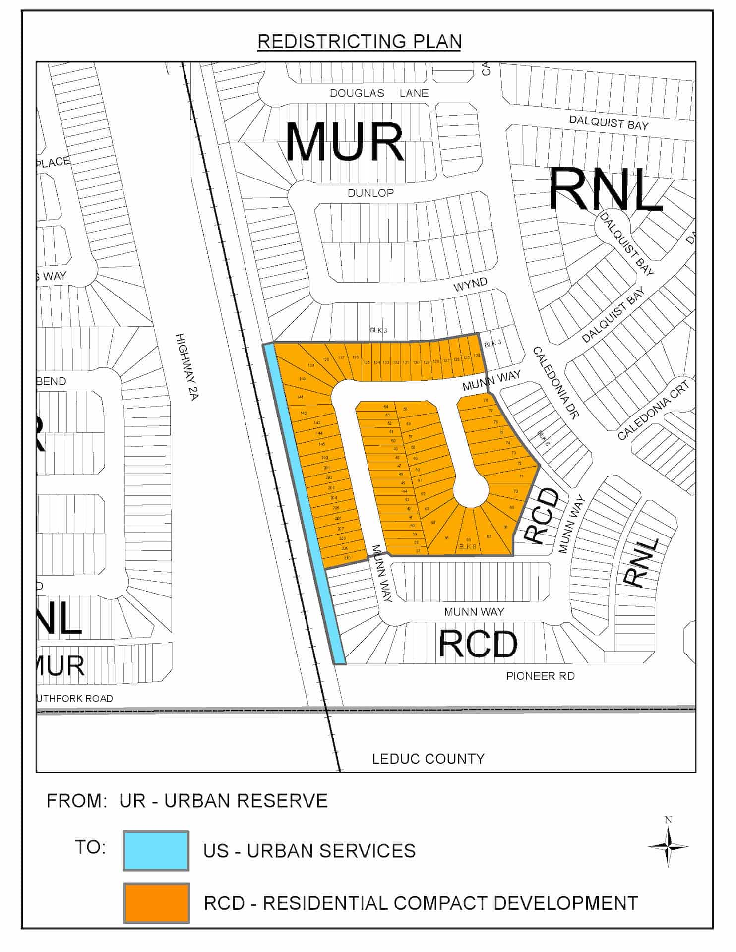 Map showing a redistricting plan with orange marked area for residential development and blue for urban services.