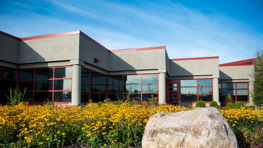 Exterior of Leduc Civic Centre building with large windows, surrounded by a garden of yellow flowers and a large rock in the foreground.