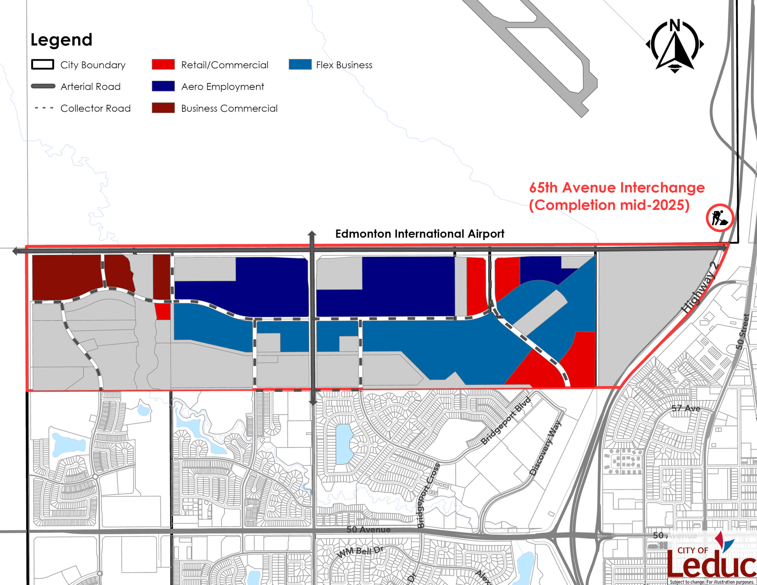Map showing city boundaries, various zones, and roads near Edmonton International Airport, with a planned interchange by 2025.