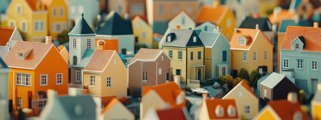 Aerial view of colorful miniature houses with varied roof designs, creating a compact, vibrant neighborhood scene.