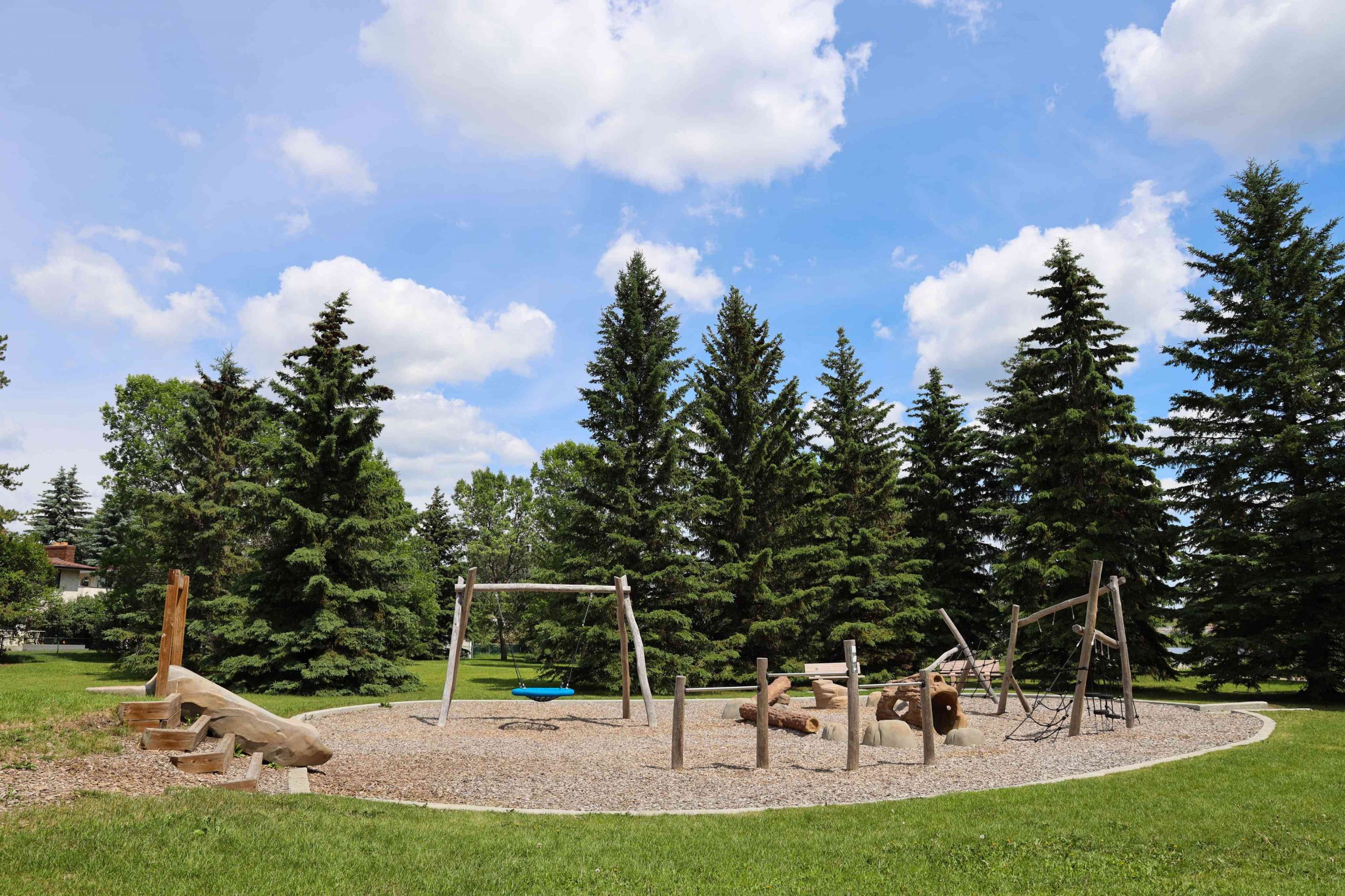 A playground with wooden climbing structures and swings, surrounded by grass and pine trees under a partly cloudy sky.