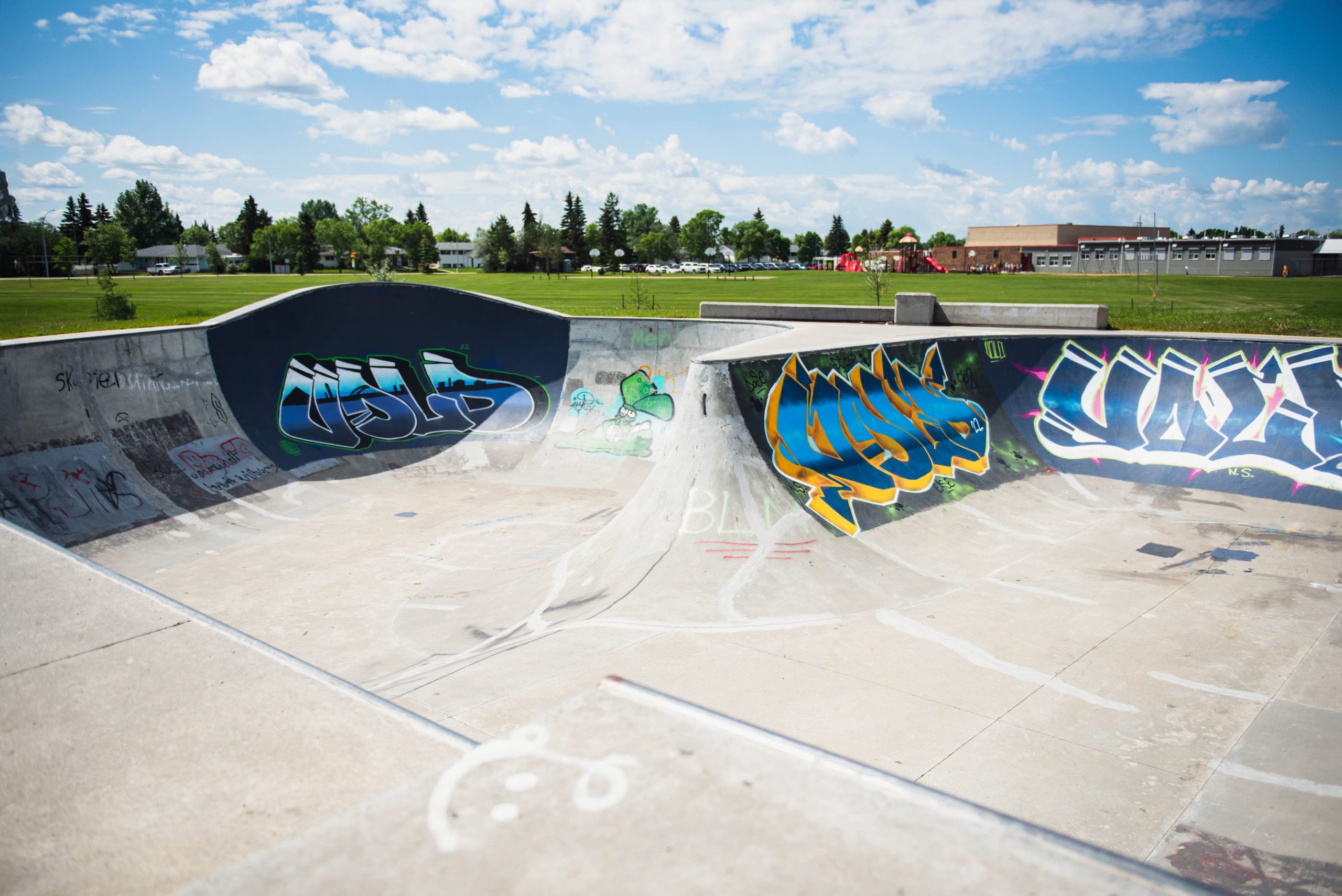 Concrete skatepark with graffiti on ramps and walls, surrounded by grass and trees under a partly cloudy sky.