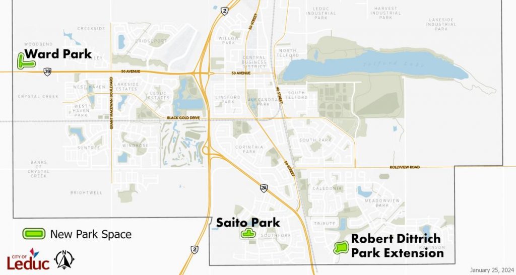 Map of Leduc, highlighting new park spaces: Ward Park, Saito Park, and Robert Dittrich Park Extension.