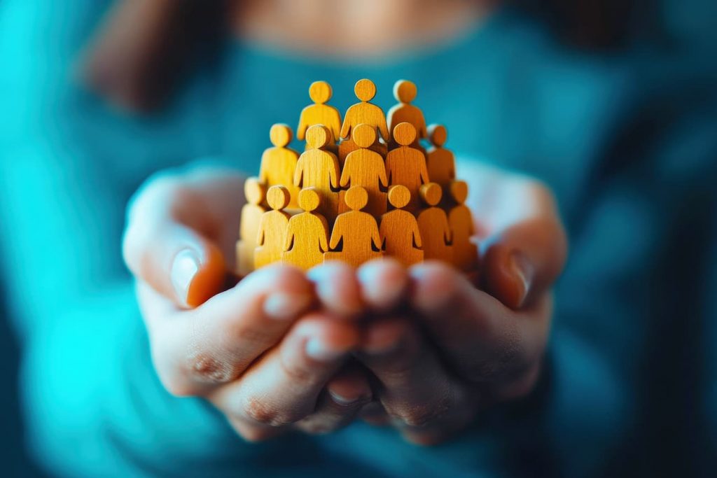 Hands holding a pyramid of small wooden human figures, symbolizing unity or teamwork against a blue background.