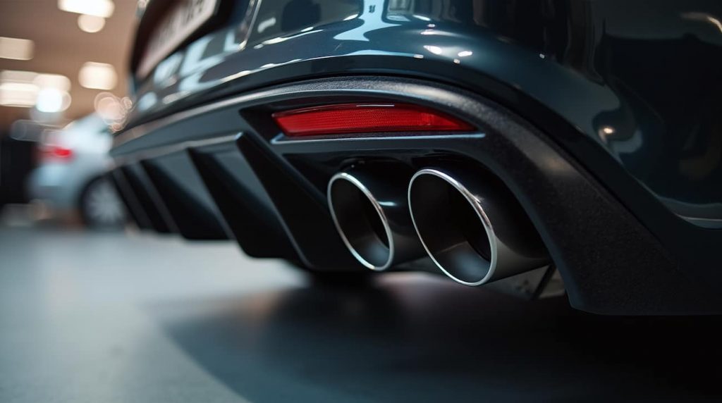Close-up of a car's dual exhaust pipes with a red reflector above, parked indoors with a blurred background.