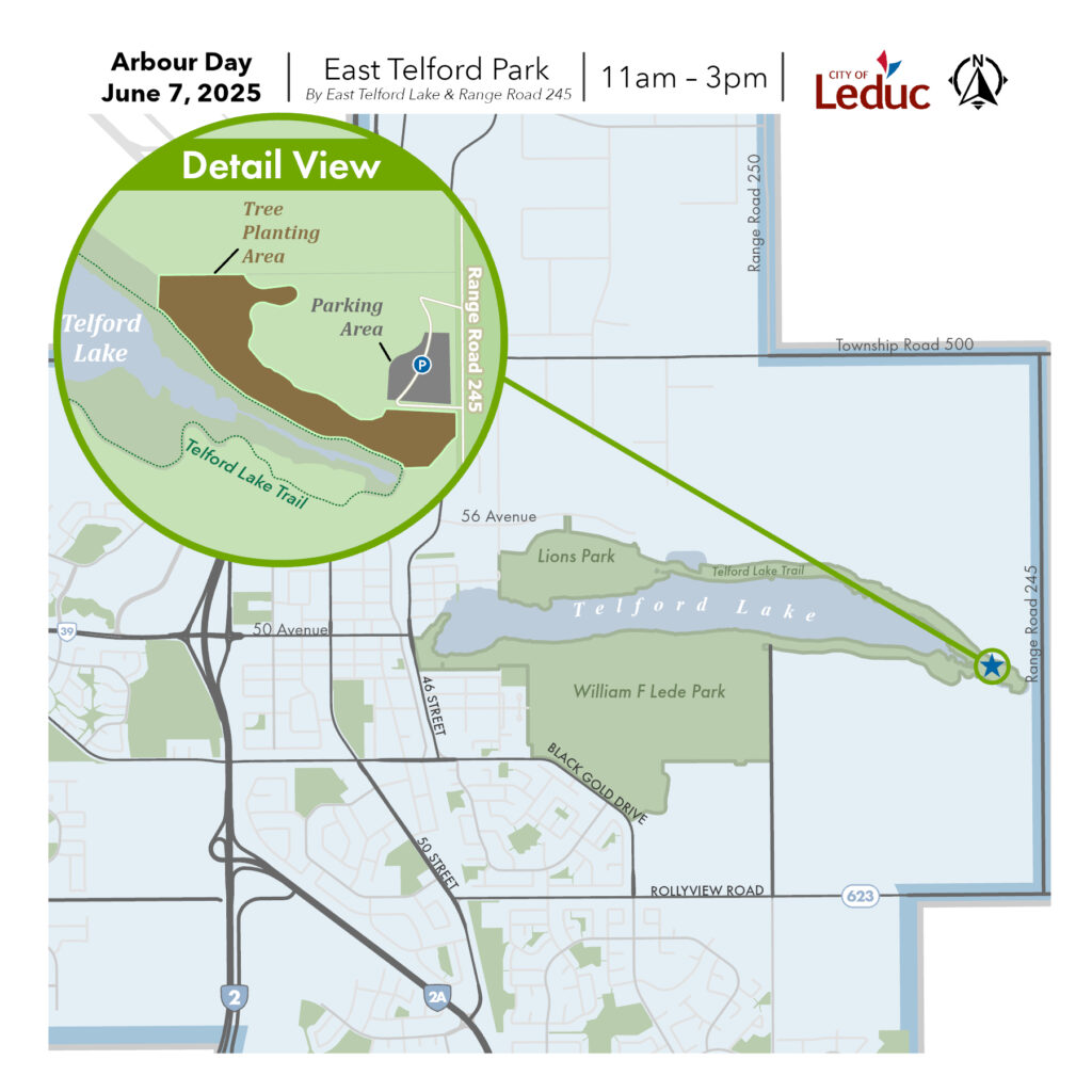 Map detailing the planting and parking location at East Telford Park for Arbour Day 2025