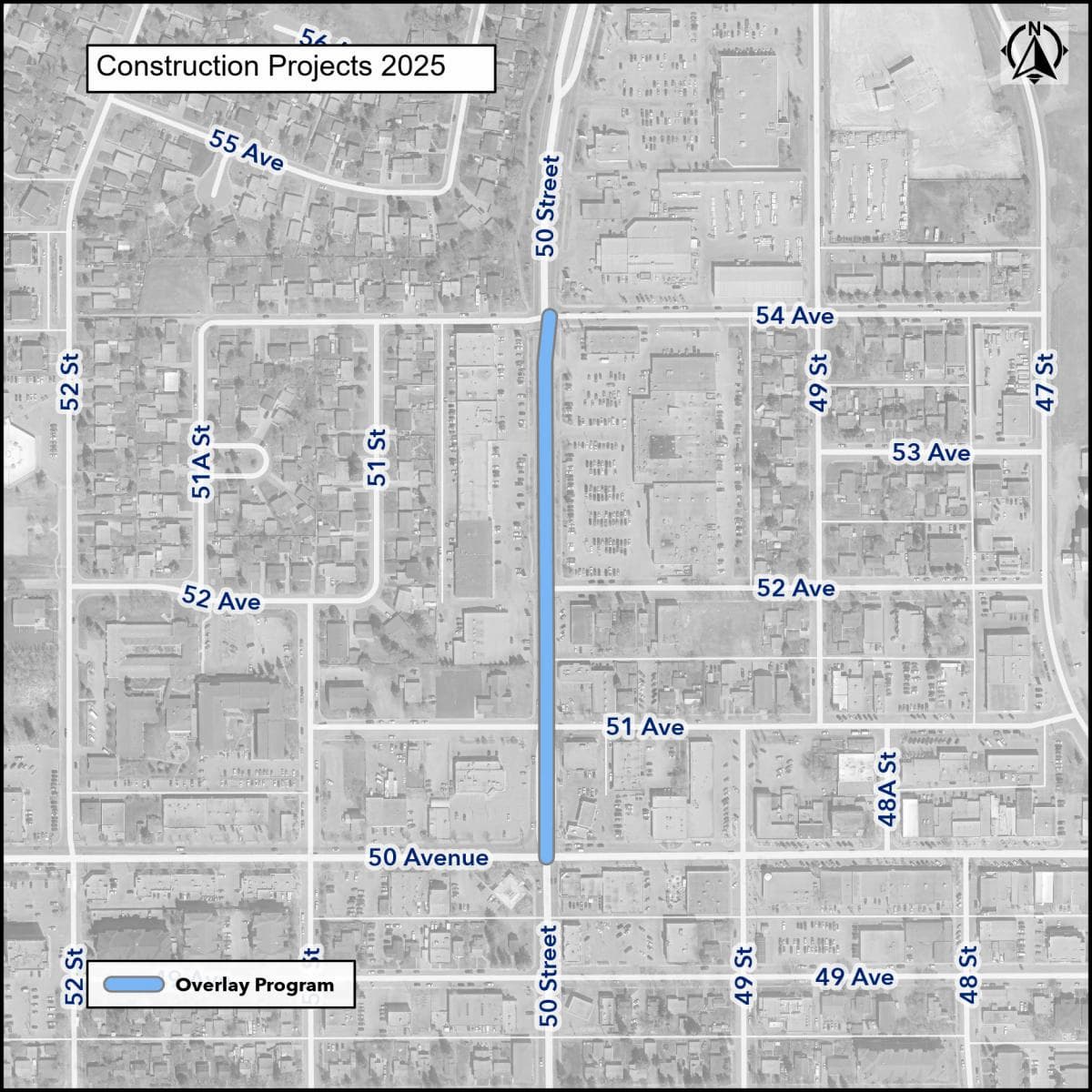 Map shows 50 Street construction project in 2025, highlighting the overlay program area between 50 Avenue and 55 Avenue.