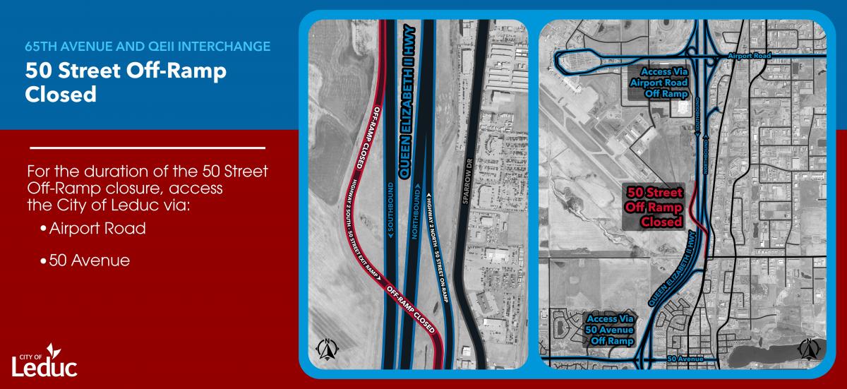 Map showing the 50 Street Off-Ramp closed in Leduc, with alternate routes via Airport Road and 50 Avenue indicated.