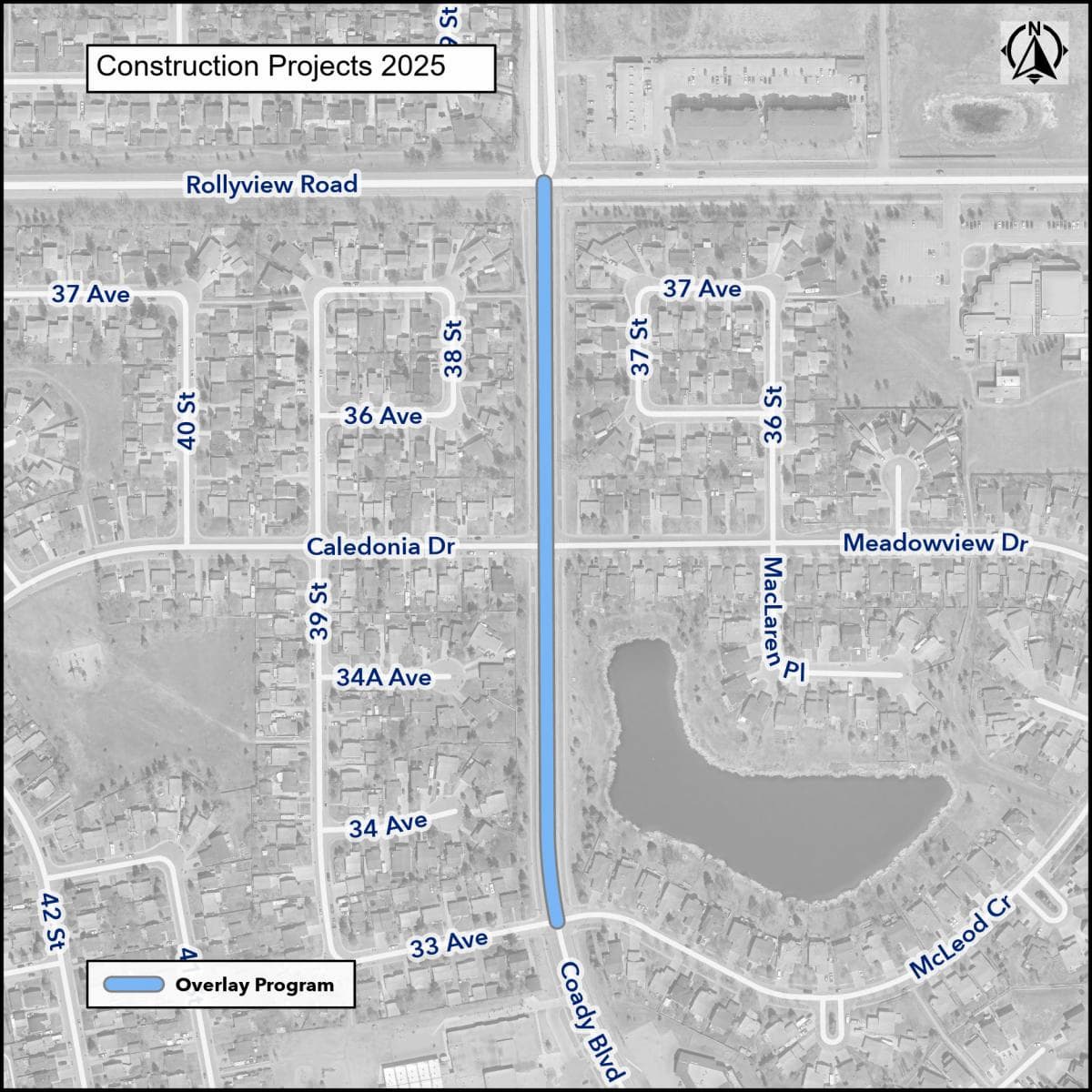 Map showing 2025 construction projects on Caledonia Dr and Cosby Blvd with surrounding streets and a small lake.