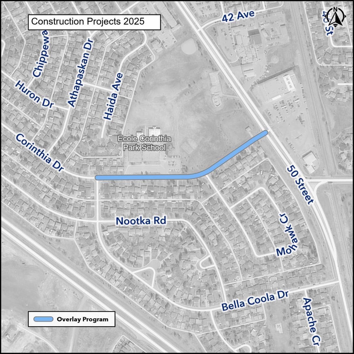 Map showing a road construction overlay project at Nootka Rd from 50 Street to inside the Corinthia Park area in 2025.