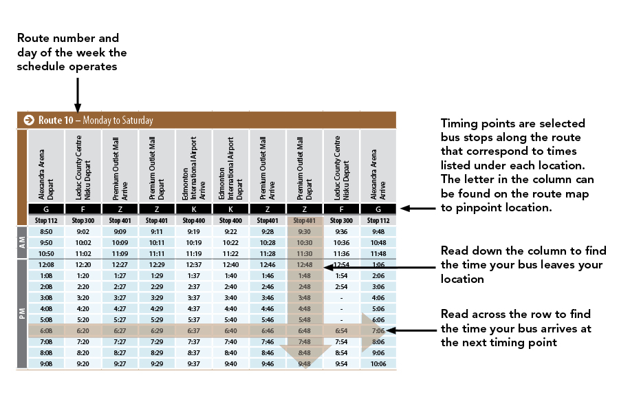 Bus schedule for Route 10 from Monday to Saturday, showing timing points and departure times across various locations.