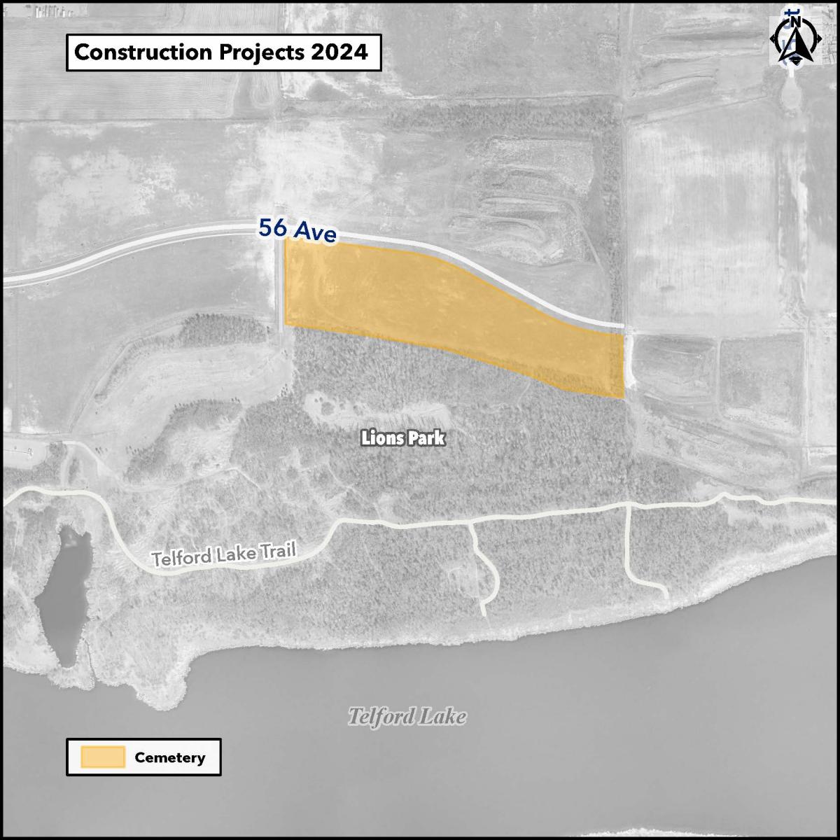 Map highlighting a construction project area on 56 Ave near Lions Park and Telford Lake Trail, with cemetery marked below.