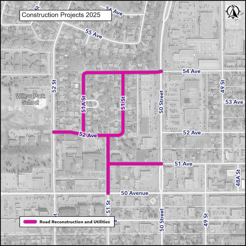 Map showing construction projects in 2025 with highlighted roads for reconstruction and utilities near Willow Park School.