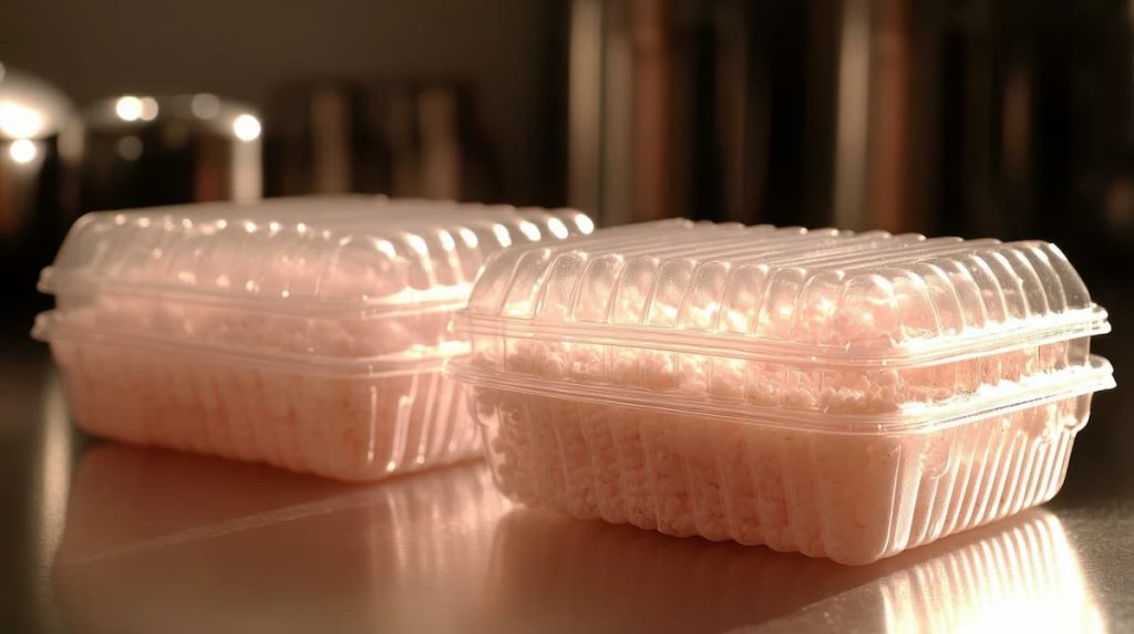 Two clear plastic containers filled with rice sit on a reflective surface in a softly lit room.