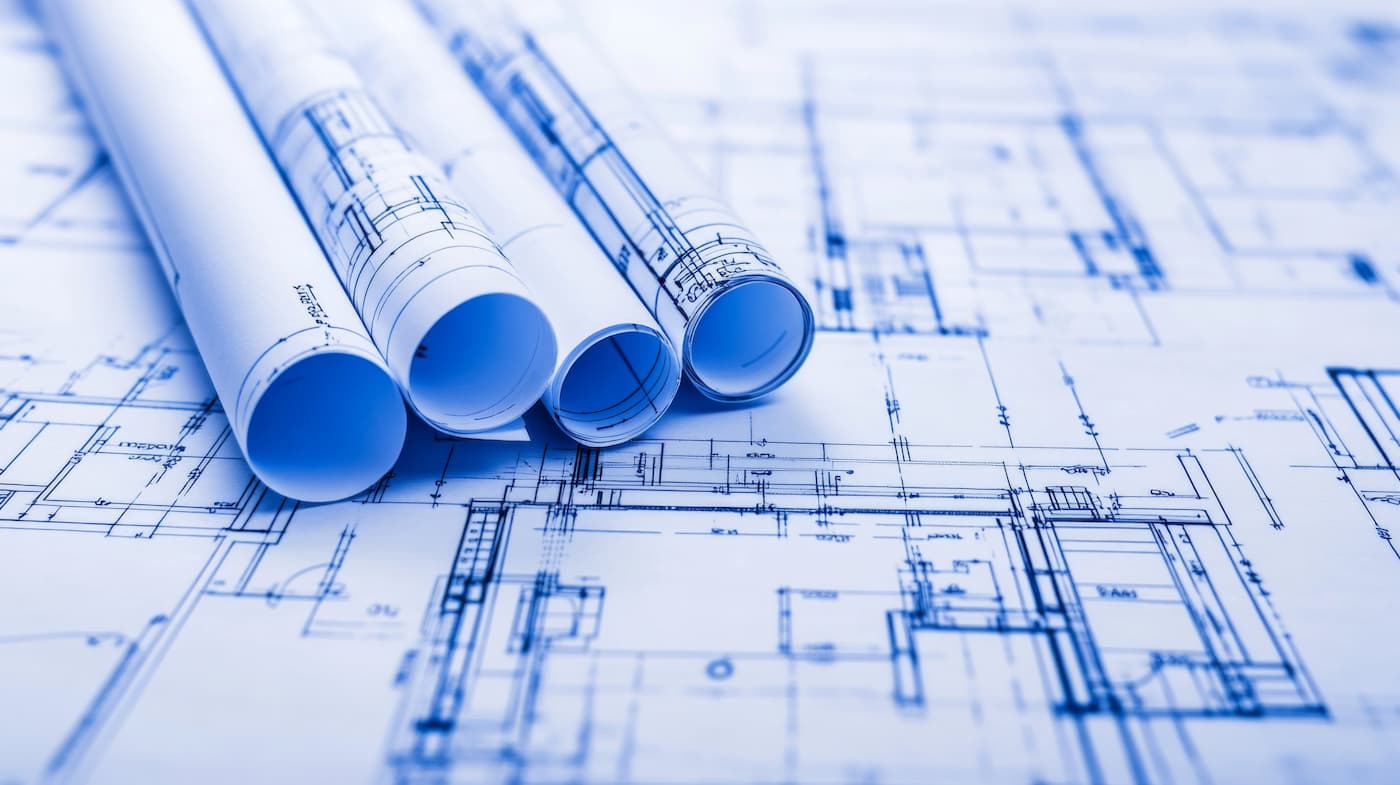 http://Rolled%20and%20unrolled%20architectural%20blueprints%20displaying%20building%20floor%20plans%20on%20a%20table.