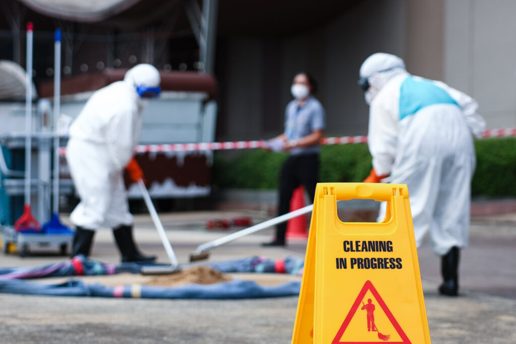 Area Closed Warning Sign for Chemical Spill Clean-up, Dangerous Zone, Part of Steps for Dealing with Chemical Spillage, Spill Clean-up Procedures.
