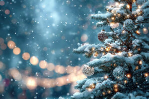 silver bells on a snowy Christmas tree