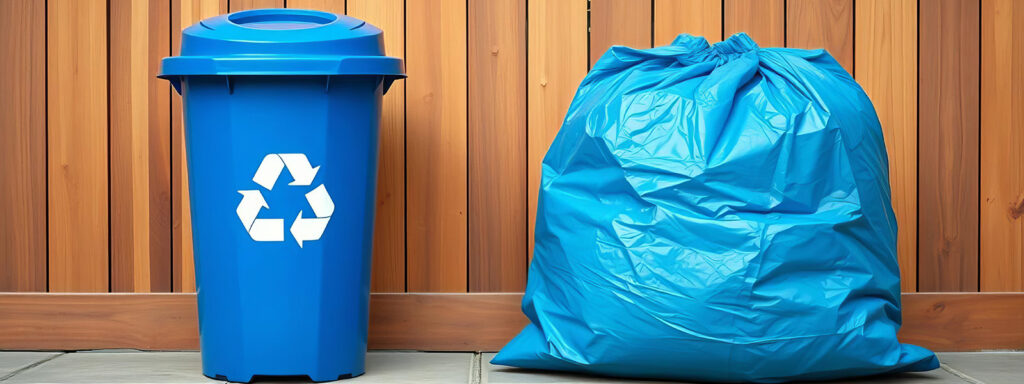 Image of a blue recycle bin with a blue bag full or recycle content inside