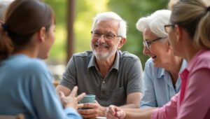 A small group of seniors sitting together at a table, chatting over coffee in a bright outdoor setting