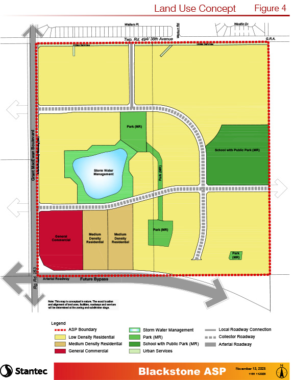 Land use concept plan for the Blackstone ASP showing residential, commercial, park, school, and road areas.