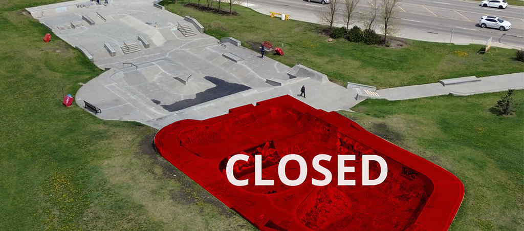 Aerial view of the Leduc skate park with one section highlighted in red and labeled “Closed".