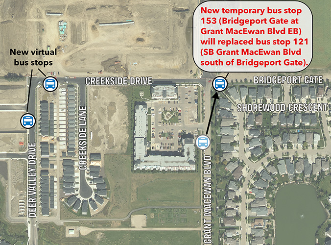 Aerial map showing bus stop changes near Grant MacEwan Boulevard, Bridgeport Gate, and Creekside Drive, highlighting new virtual bus stops and a temporary bus stop replacing an existing stop.