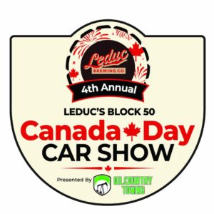 Canada Day car show logo featuring Leduc Brew Co. crest and maple leaf design, hosted by Block 50.