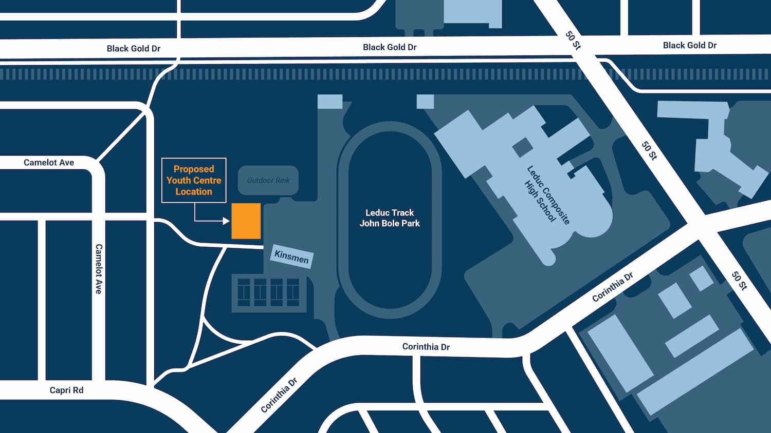 Map of Kinsmen Park showing the proposed Youth Centre location between the outdoor rink and Leduc Track John Bole Park.
