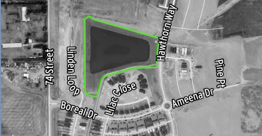 Map showing the location of W.E. Hawkins Park in the Woodbend neighbourhood, with the park site outlined in green near Hawthorn Way and Ameena Drive.