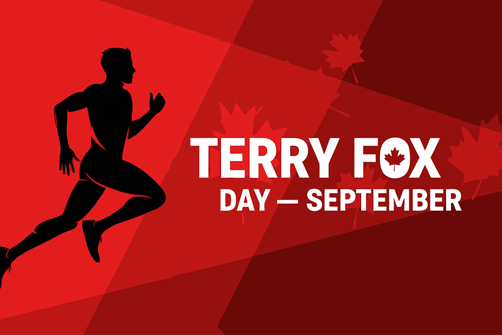 Terry Fox Day promotional graphic featuring a runner silhouette on a red background with the text “Terry Fox Day – September